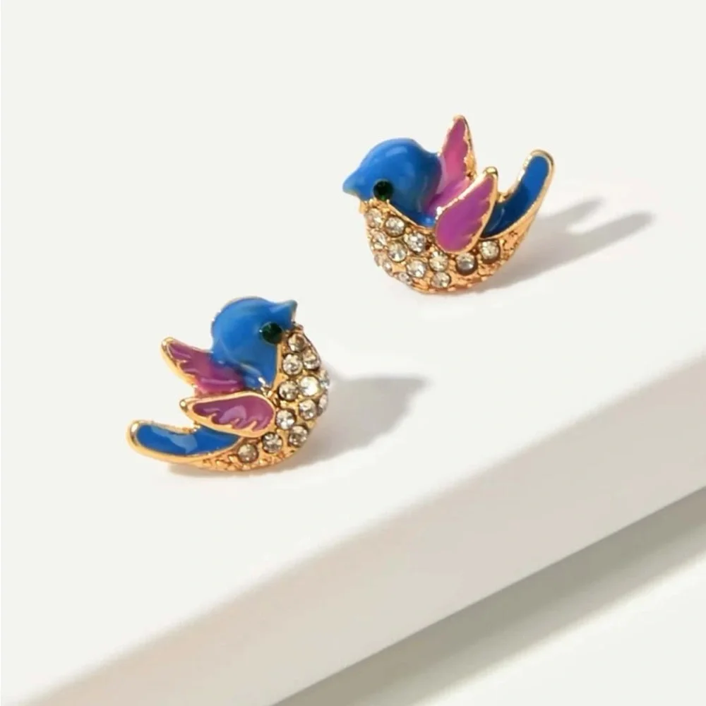 BLUE BIRD RHINESTONE MINIMALIST STUD EARRINGS - Picture 1 of 5